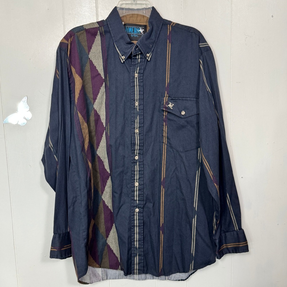 Vintage LONE ROO Long Sleeve Western Cowboy Shirt Diamond Stripe Mens Size XL
